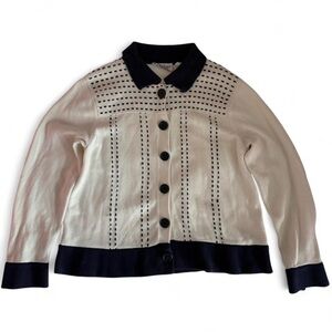 Tanjay Petites Embroidered Knit Button-Up Cardigan | Small | Cream & Navy